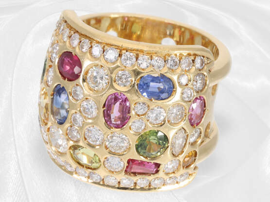 Ring: sehr breiter und dekorativer multicolor Cocktailring/Designer-Goldschmiedering mit Saphiren und Brillanten, ca. 4ct, 18K Gold - Foto 1