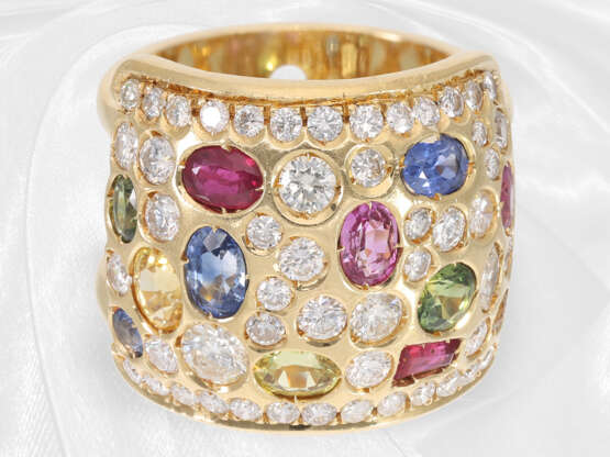 Ring: sehr breiter und dekorativer multicolor Cocktailring/Designer-Goldschmiedering mit Saphiren und Brillanten, ca. 4ct, 18K Gold - photo 2
