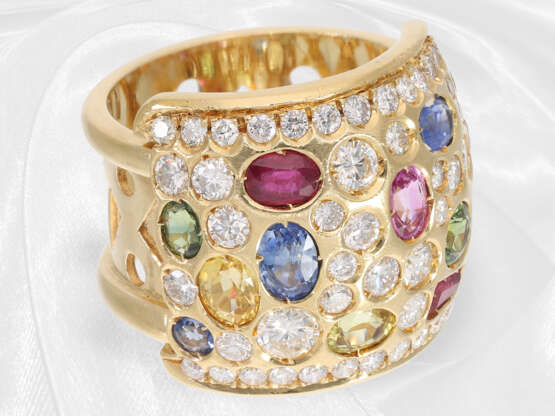Ring: sehr breiter und dekorativer multicolor Cocktailring/Designer-Goldschmiedering mit Saphiren und Brillanten, ca. 4ct, 18K Gold - Foto 3