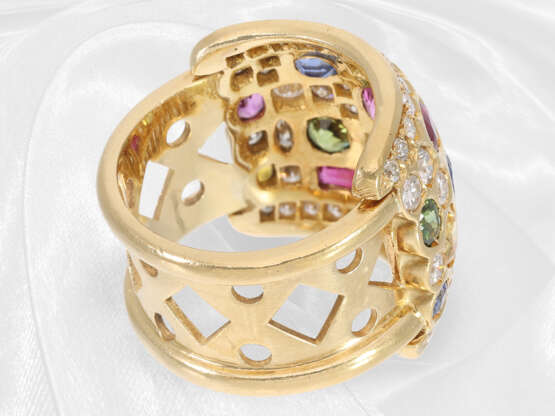 Ring: sehr breiter und dekorativer multicolor Cocktailring/Designer-Goldschmiedering mit Saphiren und Brillanten, ca. 4ct, 18K Gold - photo 4
