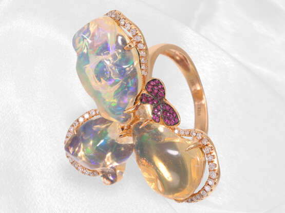 Ring: äußert dekorativer Designer-Blütenring mit Opal-, Rubin- und Brillantbesatz, Neuware - Foto 5