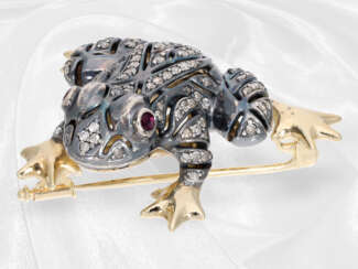 Brosche: hochfeine Goldschmiedebrosche "Frosch" mit reichem Diamantbesatz und Rubinaugen, russische vintage Goldschmiedearbeit