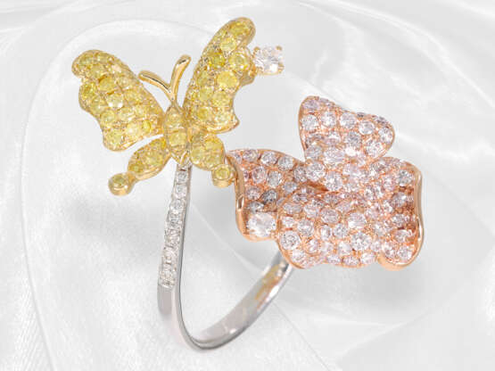 Ring: ausgefallener Tricolor-Brillantring mit schönem Blüten/Schmetterling-Motiv, insg. ca. 1,95ct - фото 2