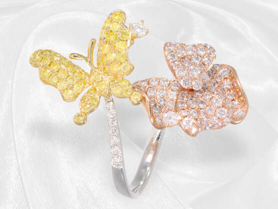 Ring: ausgefallener Tricolor-Brillantring mit schönem Blüten/Schmetterling-Motiv, insg. ca. 1,95ct - фото 5