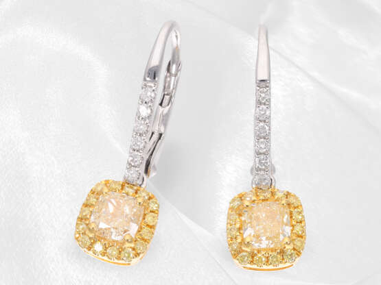 Ohrschmuck: sehr feine Bicolor-Ohrringe mit schönen fancy Diamanten und Brillanten, ca. 1,49ct - Foto 4
