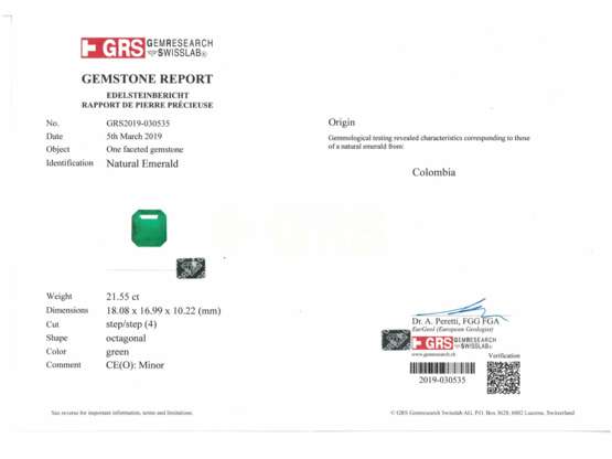 Collier/Anhänger: bedeutender Smaragdschmuck, Columbien "Minor" 21,55ct, mit GRS-Report - photo 5