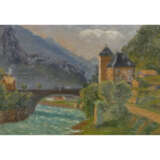 LOOG (Maler 19./20. Jahrhundert), "Burg und Zollstation an einer Bogenbrücke über den Fluss", - Foto 1