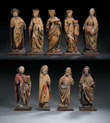 Bedeutende Spätgotische Gruppe von sechs Aposteln und drei weiblichen Heiligen