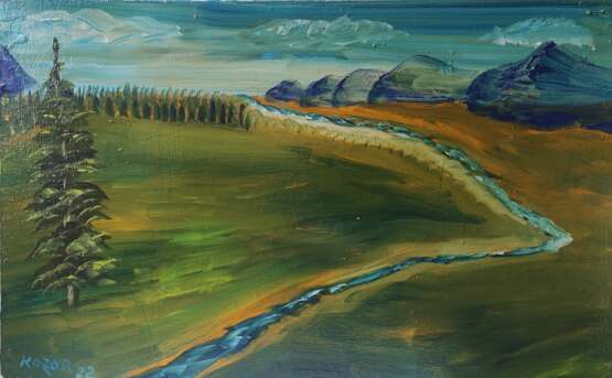 В горах Fiberboard Oil paint Impressionism Landscape painting Ukraine 2022 - photo 1