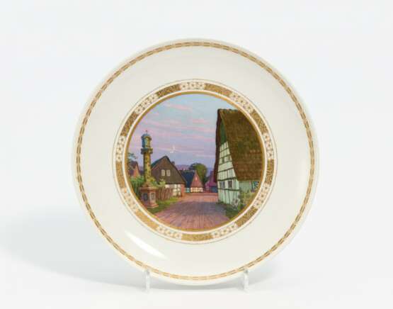 Plate with village view and gold enamel decor - фото 1