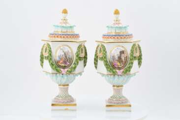 Pair of potpourri vases with harbor scenes