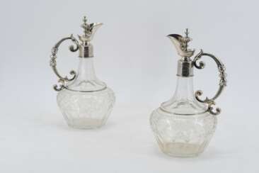 Pair of glass carafes with silver mount