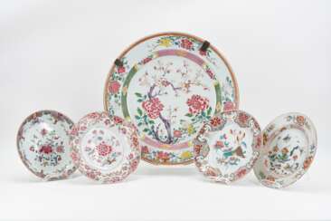 Large famille rose platter and four plates