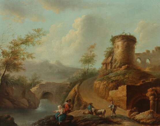 Maler des 17./18. Jh. ''Arkadische Landschaft mit Burgruine'' und Personenstaffage - Foto 1