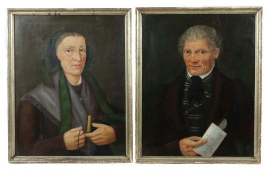 Maler des 18./19. Jh. Paar Portraits: ''Crescentia Ruepp'' Brustbildnis einer Frau in braunem Kleid und grüner Haube - фото 1