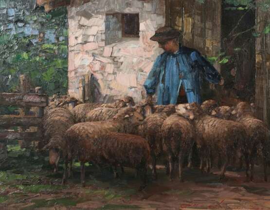 Maler des 20. Jh. ''Schäfer mit Herde vor dem Stall'' - photo 1