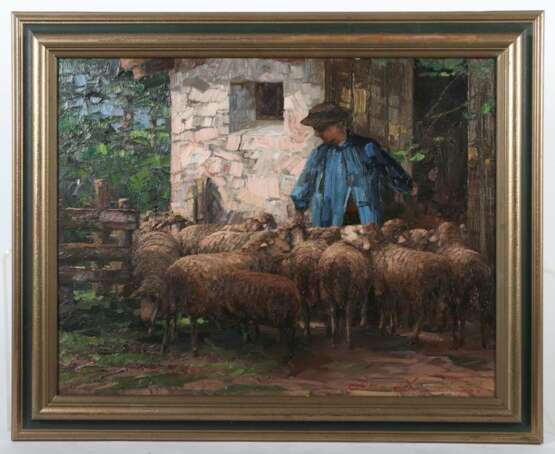 Maler des 20. Jh. ''Schäfer mit Herde vor dem Stall'' - photo 2