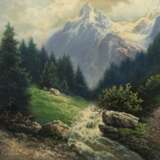 Maler des 20. Jh. ''Gebirgslandschaft'' mit Flusslauf und verschneiten Gipfeln im Hintergrund - Foto 1