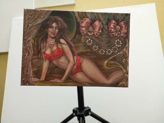 Девушка в красном на фоне цвета шоколада АКРИЛ НА ХОЛСТЕ НА ПОДРАМНИКЕ Peinture à l'acrylique авторская живопись женский образ Russie 2022 - photo 2