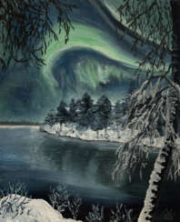 пейзаж зима ночь северное сияние лес