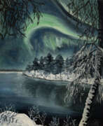 Huile sur panneau. пейзаж зима ночь северное сияние лес
