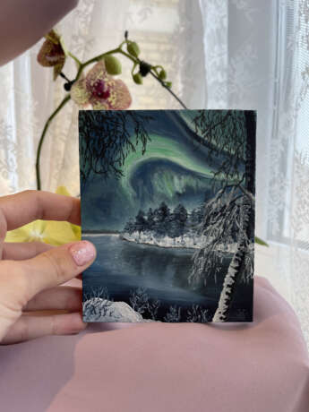 пейзаж зима ночь северное сияние лес акрил и масло на мдф Oil on panel изобразительное искусство Russia 2021 - photo 3