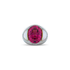 SPINEL, MOTHER-OF-PEARL, DIAMOND AND COLOURED DIAMOND RING