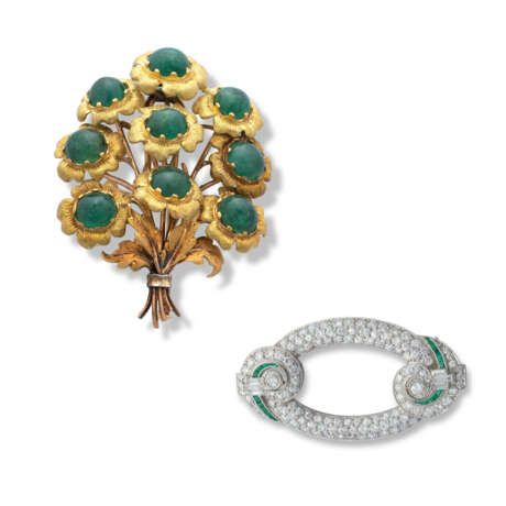 NO RESERVE | BUCCELLATI EMERALD FLOWER BROOCH AND UNSIGNED ART DECO DIAMOND AND EMERALD BROOCH - photo 1