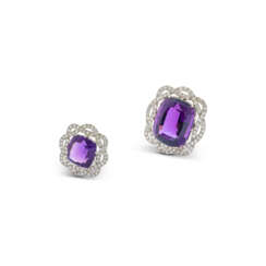 CARTIER PAIR OF AMETHYST AND DIAMOND BROOCHES