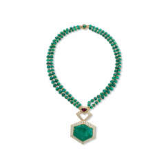 NO RESERVE | CARVED EMERALD, RUBY AND DIAMOND NECKLACE