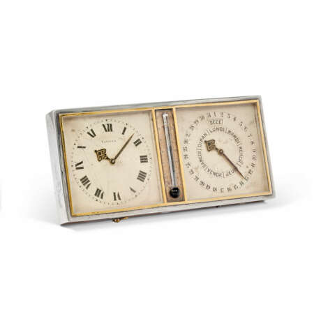 ART DECO CARTIER ENAMEL, SILVER AND GOLD CLOCK, CALENDAR AND THERMOMETER - Foto 1
