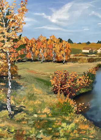Осень Пейзаж Березы река золотая осень Canvas on the subframe Oil Impressionism Landscape painting Russia 2022 - photo 2