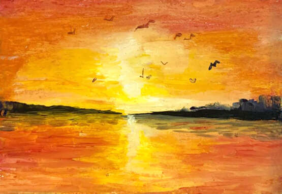 Miniature birds fly away at sunset Картон масло Масляная живопись Реализм Морской пейзаж Казахстан 2022 г. - фото 1