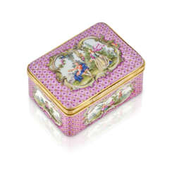 A GOLD-MOUNTED GERMAN PORCELAIN RECTANGULAR SNUFF-BOX AND COVER