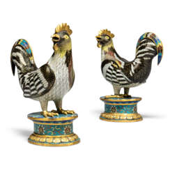 A PAIR OF CHINESE CLOISONNE ENAMEL MODELS OF COCKERELS AND STANDS