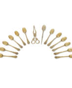 Spoons. A SET OF TWELVE GEORGE II SILVER-GILT TEASPOONS, A MOTE SKIMMER AND A PAIR OF SUGAR NIPS