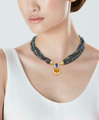 SAPPHIRE, DIAMOND AND HAEMATITE NECKLACE AND EARRINGS - photo 5