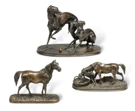 THREE FRENCH PATINATED-BRONZE ANIMALIER GROUPS - фото 1