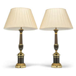 A PAIR OF RESTAURATION GILT-METAL AND PATINATED-BRONZE TABLE LAMPS