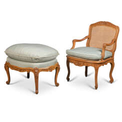 A LOUIS XV BEECH FAUTEUIL AND A TABOURET