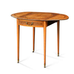 A GEORGE III INDIAN ROSEWOOD-CROSSBANDED SATINWOOD, HAREWOOD, BURR-YEW AND MARQUETRY PEMBROKE TABLE