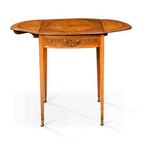 A GEORGE III INDIAN ROSEWOOD-CROSSBANDED SATINWOOD, HAREWOOD, BURR-YEW AND MARQUETRY PEMBROKE TABLE - photo 4