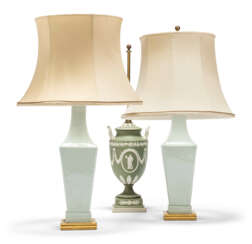 A PAIR OF CHINESE CLAIR-DE-LUNE PORCELAIN LAMPS AND A WEDGWOOD JASPERWARE LAMP