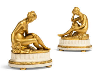A PAIR OF FRENCH ORMOLU AND WHITE MARBLE FIGURAL GROUPS