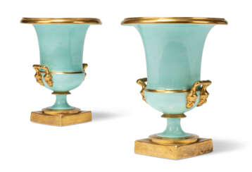 A PAIR OF TURQUOISE-GROUND TWO-HANDLED CAMPANA VASES