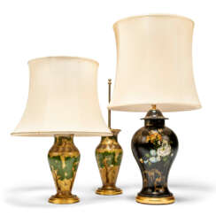 A VICTORIAN JAPANNED PAPIER MACHE BALUSTER VASE LAMP AND A PAIR OF PERSIAN PAINTED BALUSTER VASE LAMPS