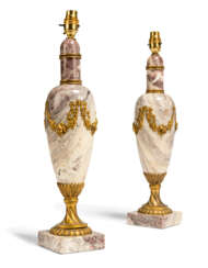 A PAIR OF GILT-METAL MOUNTED PURPLE BRECCIA MARBLE TABLE LAMPS