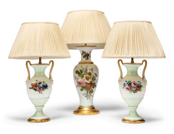 A PAIR OF CONTINENTAL PORCELAIN TWO-HANDLED VASES AND A FRENCH OPALINE GLASS VASE MOUNTED AS LAMPS - photo 1