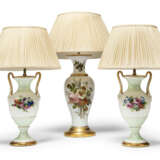 A PAIR OF CONTINENTAL PORCELAIN TWO-HANDLED VASES AND A FRENCH OPALINE GLASS VASE MOUNTED AS LAMPS - photo 1