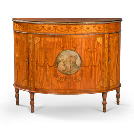 A PAIR OF GEORGE III GILT-METAL MOUNTED EAST INDIAN SATINWOOD, INDIAN ROSEWOOD, SYCAMORE, HAREWOOD, MARQUETRY AND PAINTED DEMI-LUNE COMMODES - фото 4